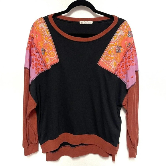 Free People Feelin In’ Balloon Sleeve Patch Shirt - Boho Patchwork Long-Sleeve - Picture 2 of 6